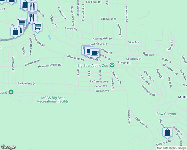 map of restaurants, bars, coffee shops, grocery stores, and more near 42640 La Placida Avenue in Big Bear Lake