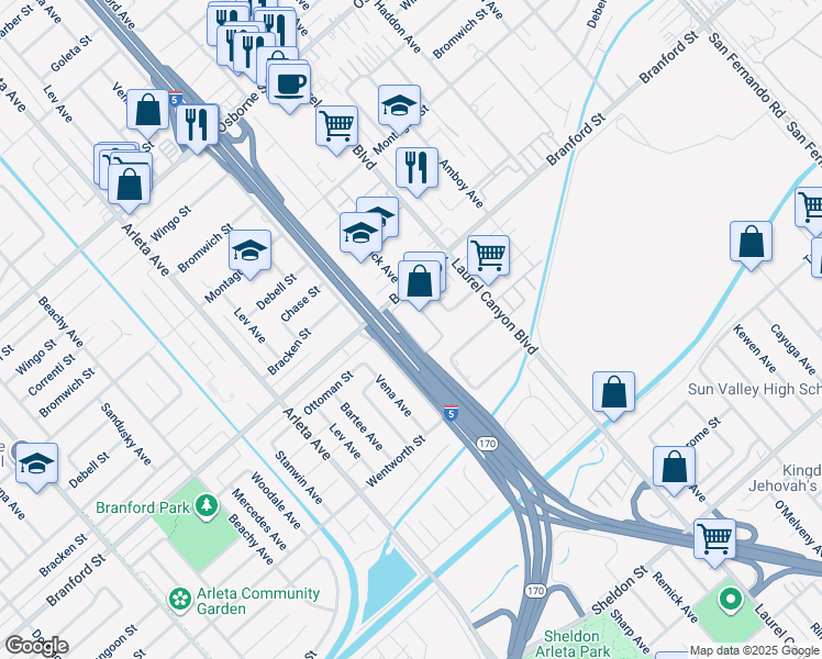 map of restaurants, bars, coffee shops, grocery stores, and more near 12990 Branford Street in Los Angeles