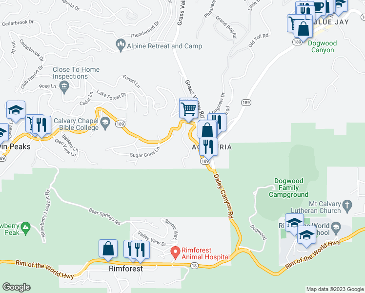 map of restaurants, bars, coffee shops, grocery stores, and more near 810 Sierra Vista Drive in Twin Peaks