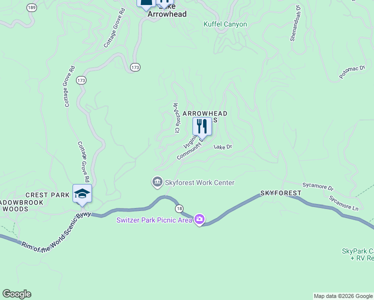 map of restaurants, bars, coffee shops, grocery stores, and more near 832 Community Drive in Lake Arrowhead