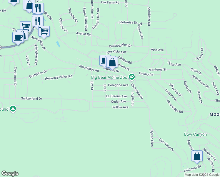 map of restaurants, bars, coffee shops, grocery stores, and more near 42640 La Placida Avenue in Big Bear Lake