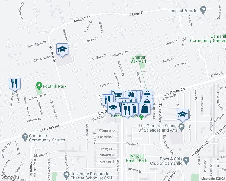map of restaurants, bars, coffee shops, grocery stores, and more near 2261 Camilar Drive in Camarillo