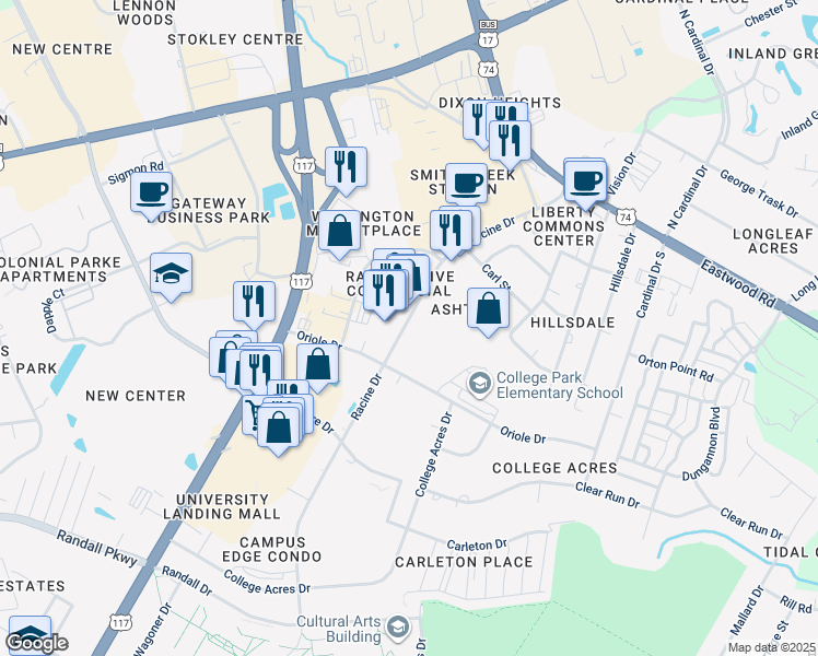map of restaurants, bars, coffee shops, grocery stores, and more near 265 Racine Drive in Wilmington