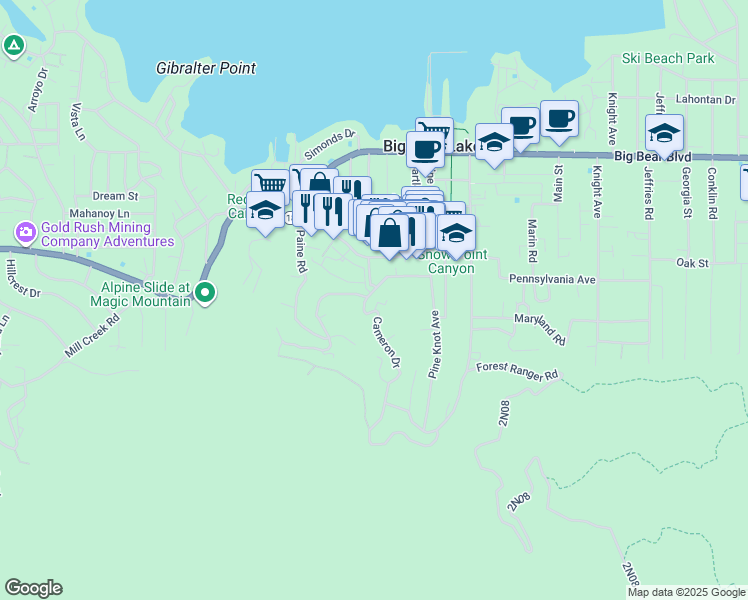 map of restaurants, bars, coffee shops, grocery stores, and more near 777 Cameron Drive in Big Bear Lake