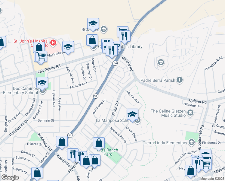 map of restaurants, bars, coffee shops, grocery stores, and more near 4459 Corte Arbusto in Camarillo