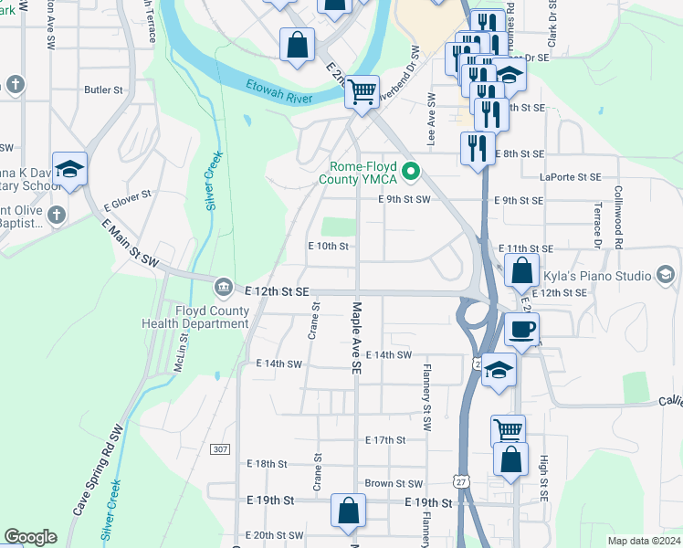 map of restaurants, bars, coffee shops, grocery stores, and more near 168 East 11th Street Southeast in Rome