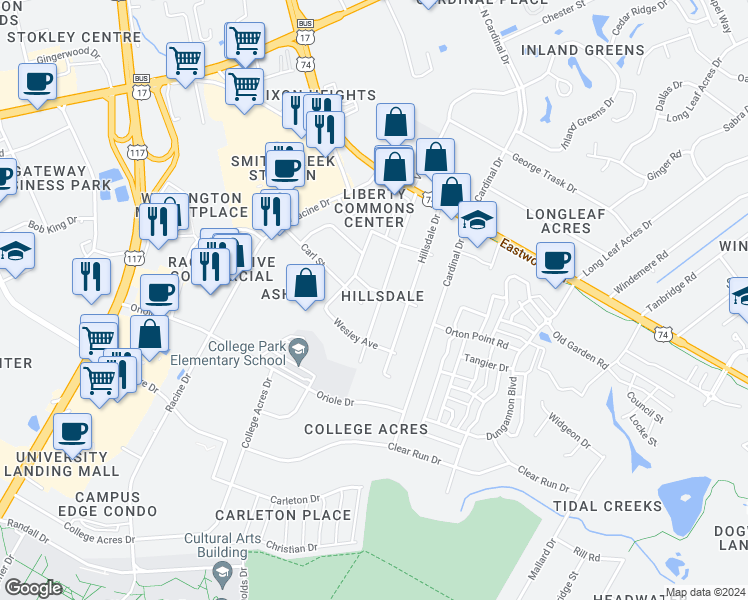 map of restaurants, bars, coffee shops, grocery stores, and more near 204 Charter Drive in Wilmington