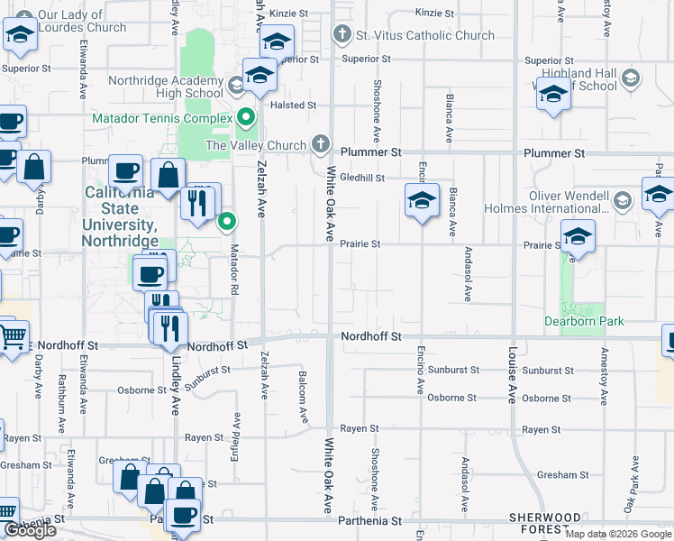 map of restaurants, bars, coffee shops, grocery stores, and more near 17654 Knapp Street in Los Angeles