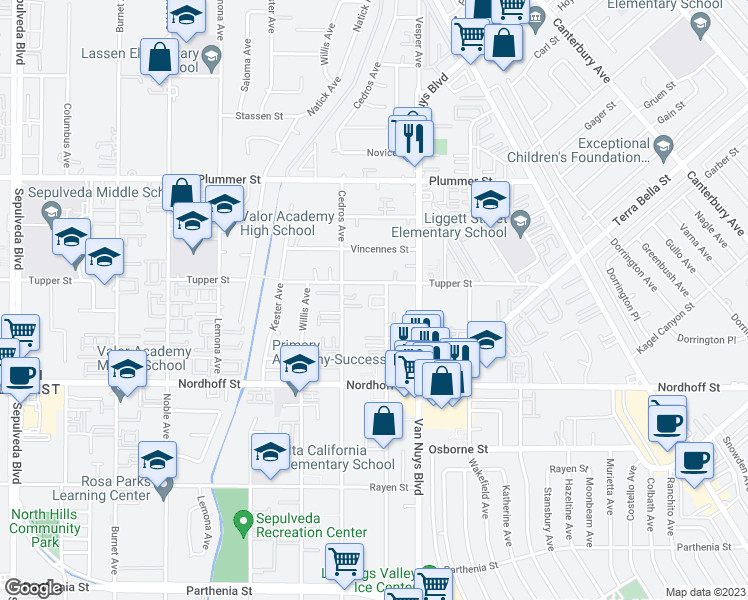 map of restaurants, bars, coffee shops, grocery stores, and more near 14650 Tupper Street in Los Angeles