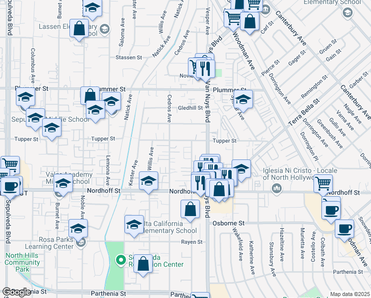 map of restaurants, bars, coffee shops, grocery stores, and more near 9267 Tobias Avenue in Los Angeles