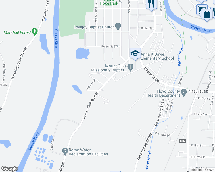 map of restaurants, bars, coffee shops, grocery stores, and more near 909 South Broad Street in Rome