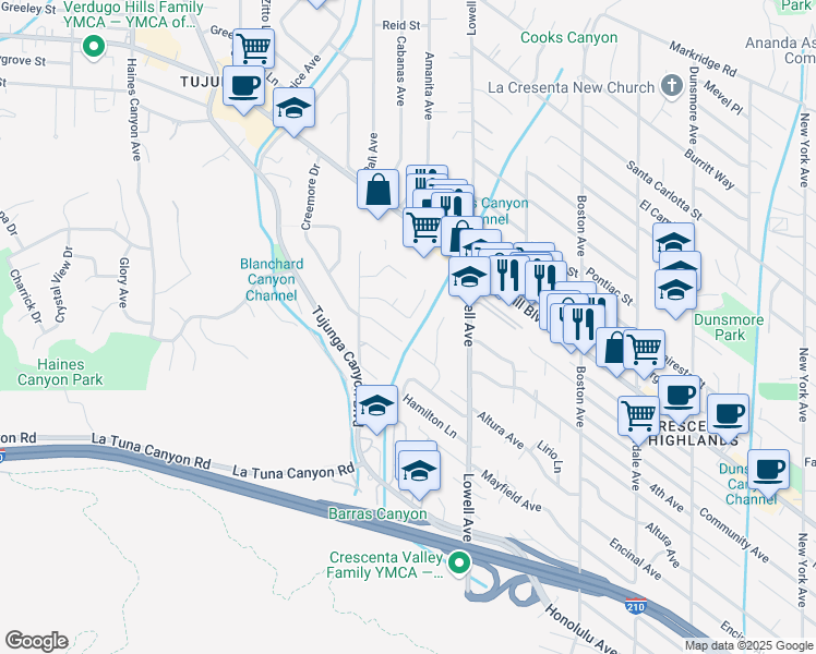 map of restaurants, bars, coffee shops, grocery stores, and more near 6300 La Reina Drive in Los Angeles