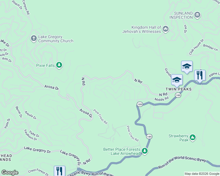 map of restaurants, bars, coffee shops, grocery stores, and more near Mid Lane in Twin Peaks