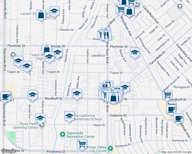 map of restaurants, bars, coffee shops, grocery stores, and more near 9237 Tobias Avenue in Los Angeles
