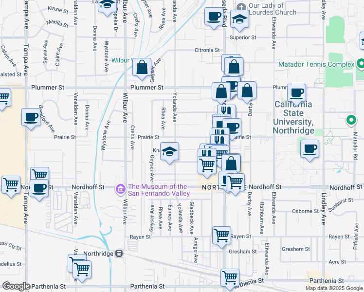 map of restaurants, bars, coffee shops, grocery stores, and more near 18645 Knapp Street in Los Angeles