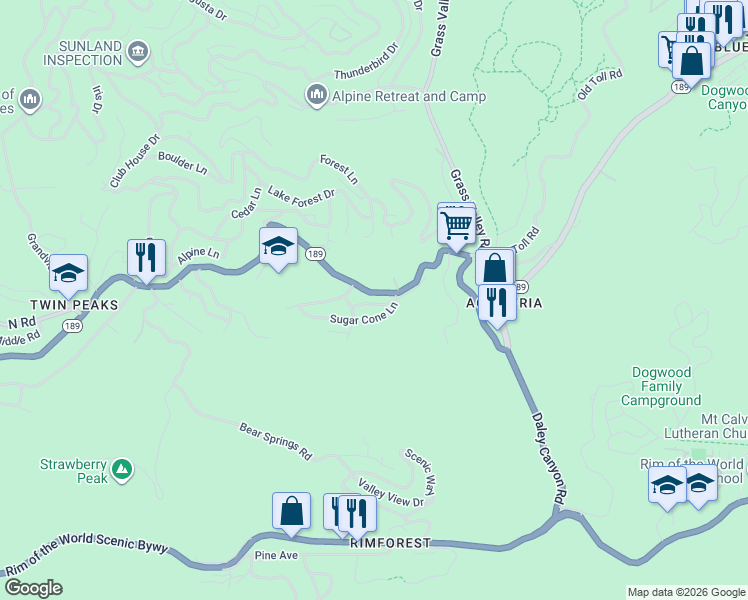 map of restaurants, bars, coffee shops, grocery stores, and more near 26571 California 189 in Twin Peaks