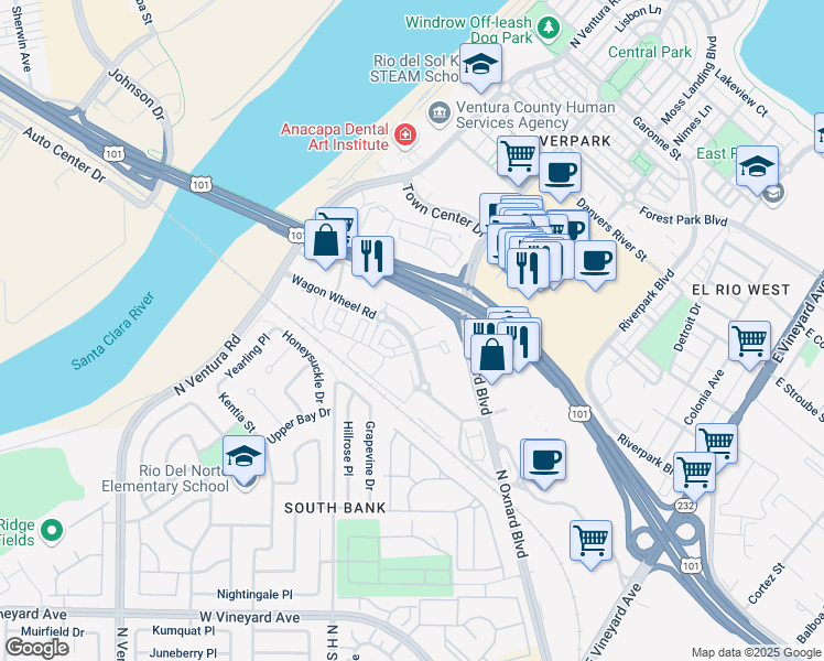 map of restaurants, bars, coffee shops, grocery stores, and more near 2800 Wagon Wheel Road in Oxnard