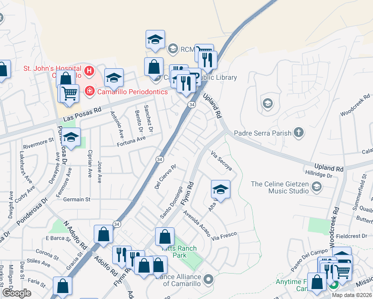 map of restaurants, bars, coffee shops, grocery stores, and more near 4518 Corte Arbusto in Camarillo