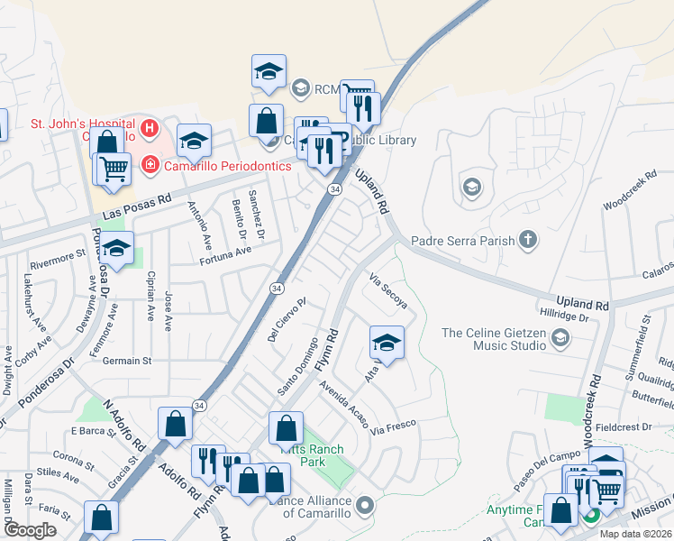 map of restaurants, bars, coffee shops, grocery stores, and more near 4563 Corte Arbusto in Camarillo