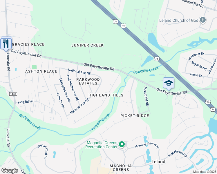map of restaurants, bars, coffee shops, grocery stores, and more near 9224 Highland Hills Drive Northeast in Leland