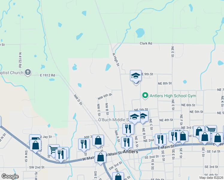 map of restaurants, bars, coffee shops, grocery stores, and more near 200 Northwest 7th Street in Antlers