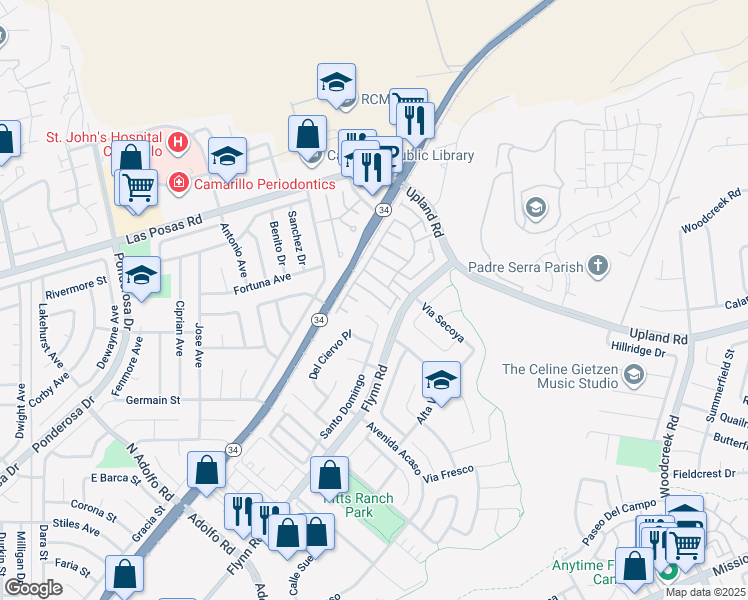 map of restaurants, bars, coffee shops, grocery stores, and more near 4518 Corte Arbusto in Camarillo