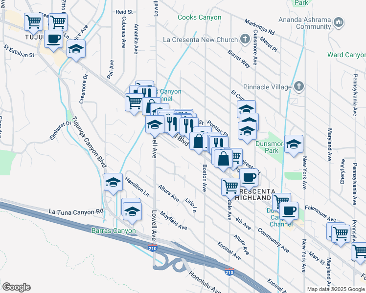 map of restaurants, bars, coffee shops, grocery stores, and more near 3850 Foothill Boulevard in Glendale