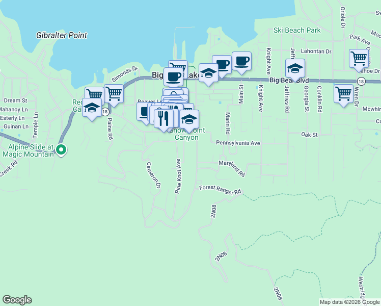 map of restaurants, bars, coffee shops, grocery stores, and more near 776 Knickerbocker Road in Big Bear Lake