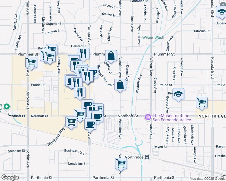 map of restaurants, bars, coffee shops, grocery stores, and more near 9251 Vanalden Avenue in Los Angeles