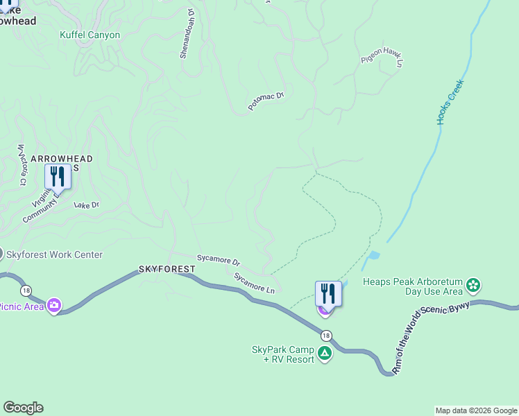 map of restaurants, bars, coffee shops, grocery stores, and more near 813 Greenbriar Drive in Lake Arrowhead