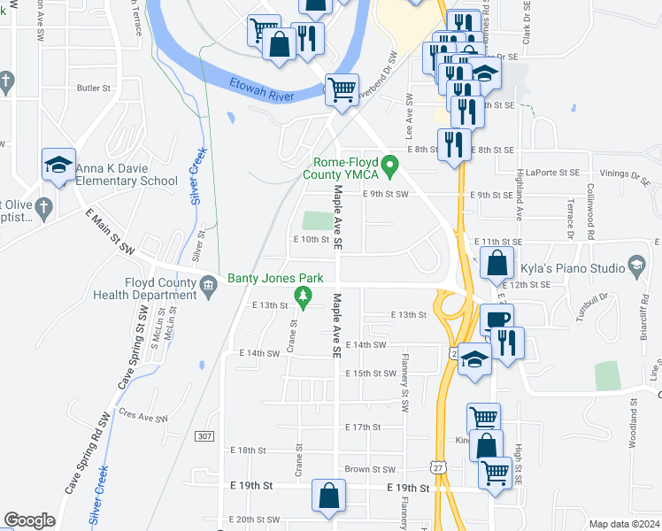 map of restaurants, bars, coffee shops, grocery stores, and more near 170 East 11th Street Southeast in Rome