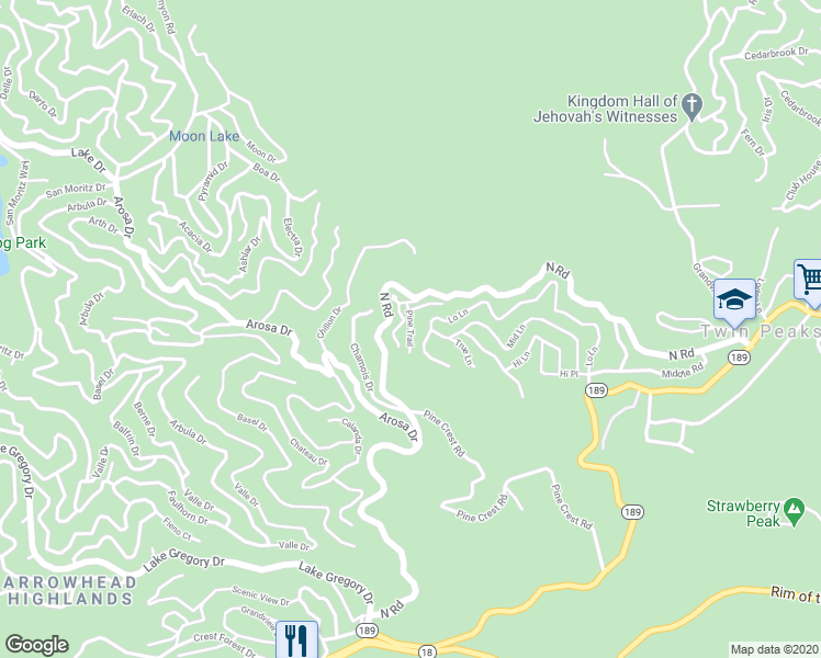 map of restaurants, bars, coffee shops, grocery stores, and more near Pine Trail in San Bernardino County