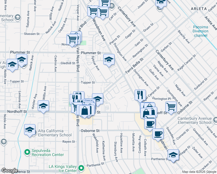 map of restaurants, bars, coffee shops, grocery stores, and more near 14321 Tupper Street in Los Angeles
