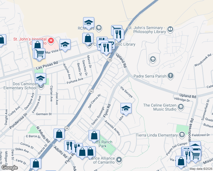 map of restaurants, bars, coffee shops, grocery stores, and more near 4459 Corte Arbusto in Camarillo