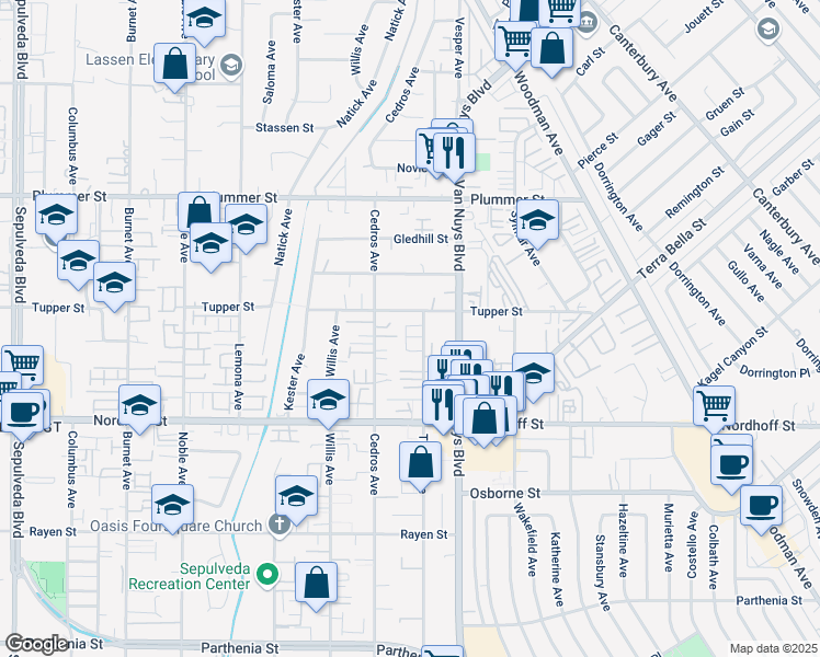 map of restaurants, bars, coffee shops, grocery stores, and more near 14650 Tupper Street in Los Angeles