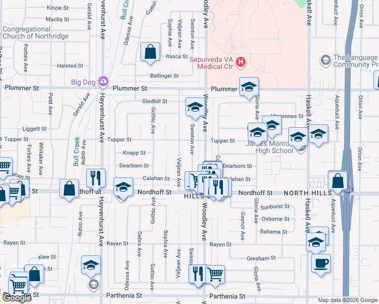map of restaurants, bars, coffee shops, grocery stores, and more near 16242 Tupper Street in Los Angeles