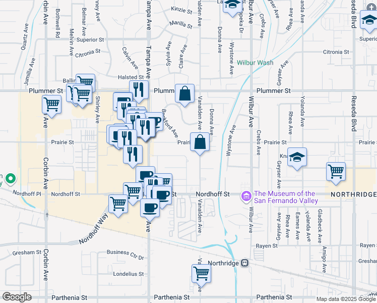map of restaurants, bars, coffee shops, grocery stores, and more near 9251 Vanalden Avenue in Los Angeles