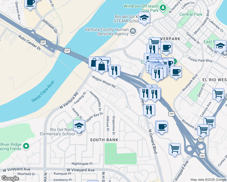 map of restaurants, bars, coffee shops, grocery stores, and more near 2731 Cactus Drive in Oxnard