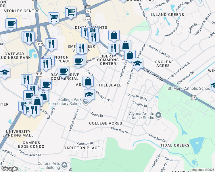 map of restaurants, bars, coffee shops, grocery stores, and more near 142 Charter Drive in Wilmington
