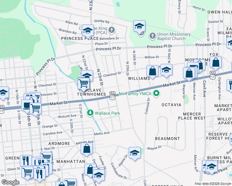 map of restaurants, bars, coffee shops, grocery stores, and more near 14 Kenwood Avenue in Wilmington