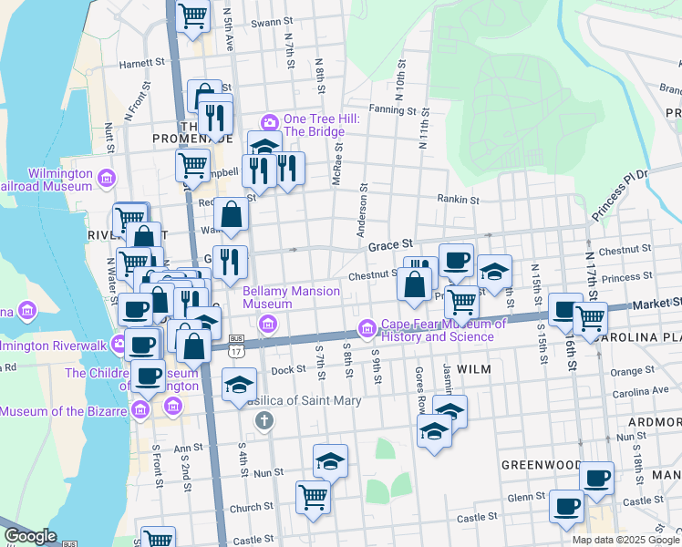map of restaurants, bars, coffee shops, grocery stores, and more near 218 McRae Street in Wilmington
