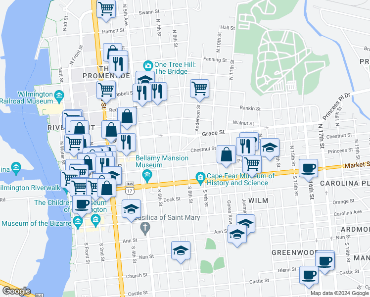 map of restaurants, bars, coffee shops, grocery stores, and more near 218 McRae Street in Wilmington