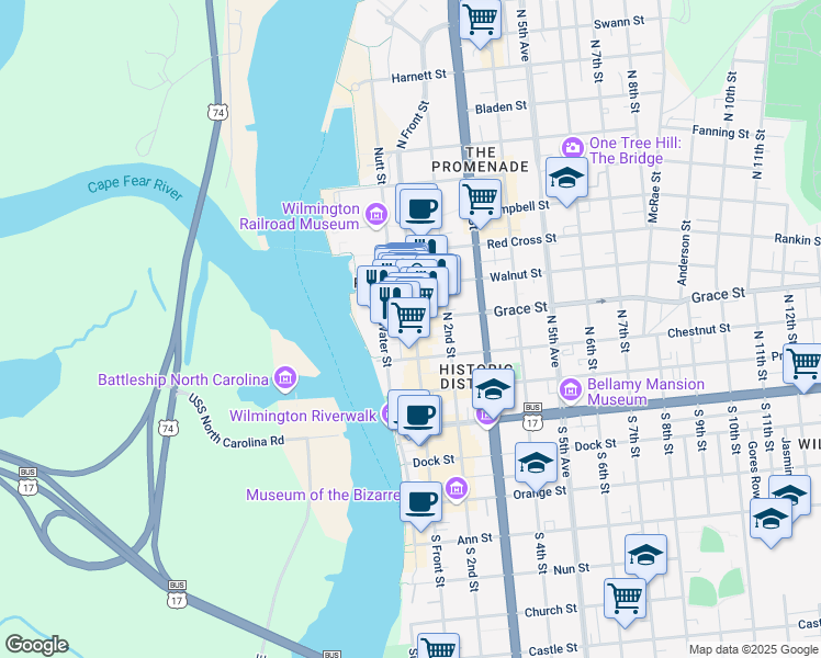 map of restaurants, bars, coffee shops, grocery stores, and more near 302 North Front Street in Wilmington
