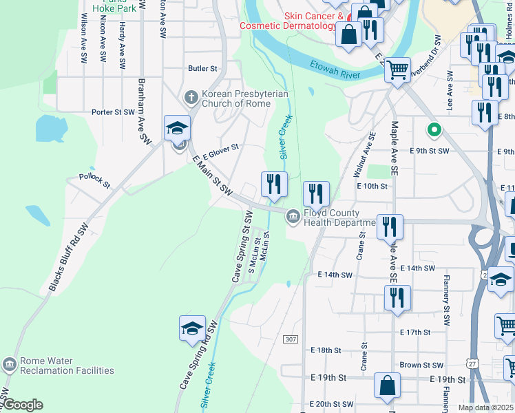 map of restaurants, bars, coffee shops, grocery stores, and more near 9 McLin Street in Rome