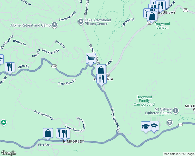 map of restaurants, bars, coffee shops, grocery stores, and more near 26776 California 189 in Lake Arrowhead