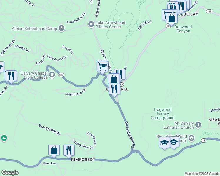 map of restaurants, bars, coffee shops, grocery stores, and more near 26776 California 189 in Lake Arrowhead