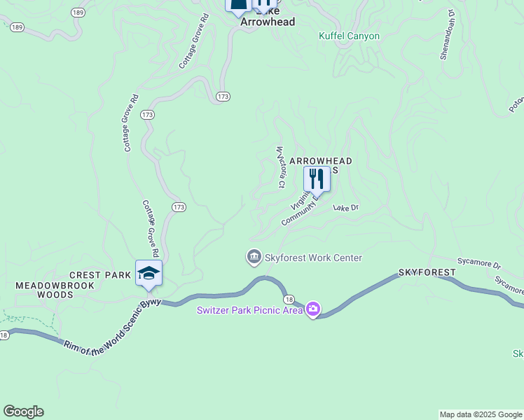 map of restaurants, bars, coffee shops, grocery stores, and more near 810 West Victoria Court in Lake Arrowhead