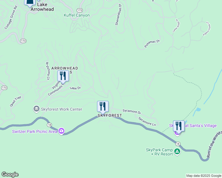 map of restaurants, bars, coffee shops, grocery stores, and more near 859 Kuffel Canyon Road in Skyforest