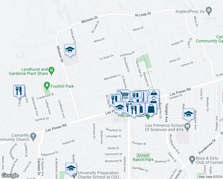 map of restaurants, bars, coffee shops, grocery stores, and more near 2235 Camilar Drive in Camarillo