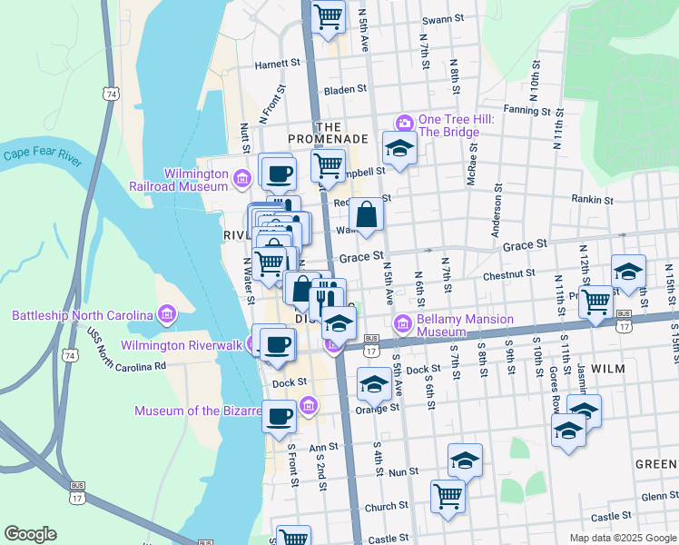 map of restaurants, bars, coffee shops, grocery stores, and more near 308 Grace Street in Wilmington